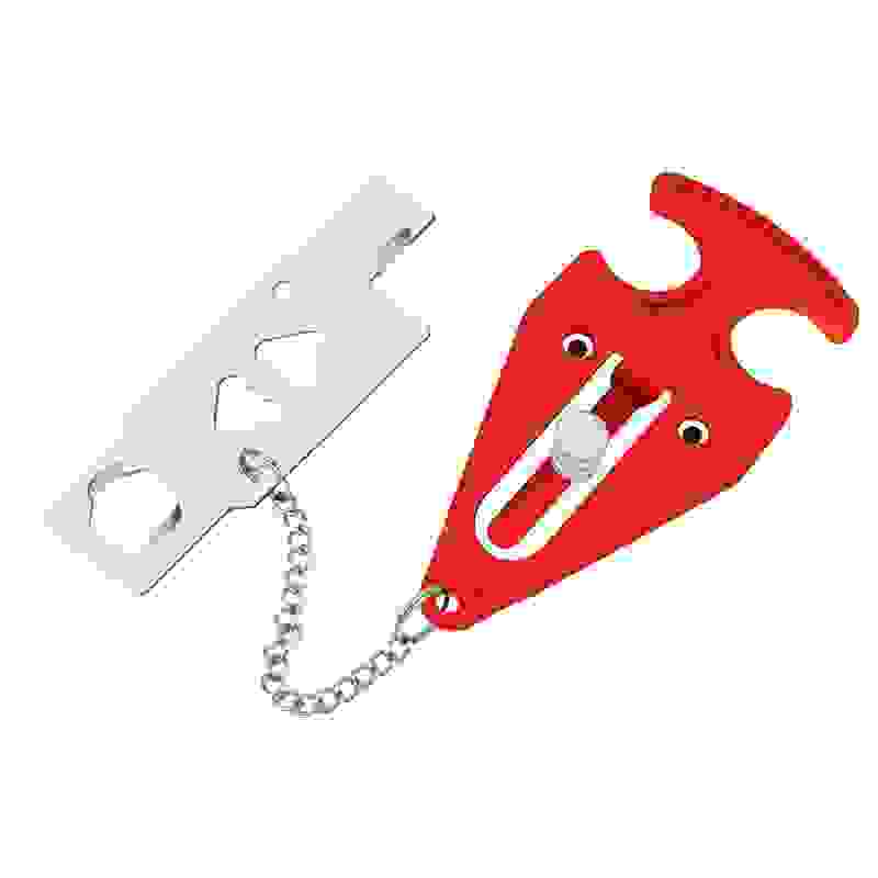 Door Stopper Dual-use Portable Door Snap Lock Security Hotel Top Door Opener being installed on a door for added safety. Ideal for travel, dorms, or home use.