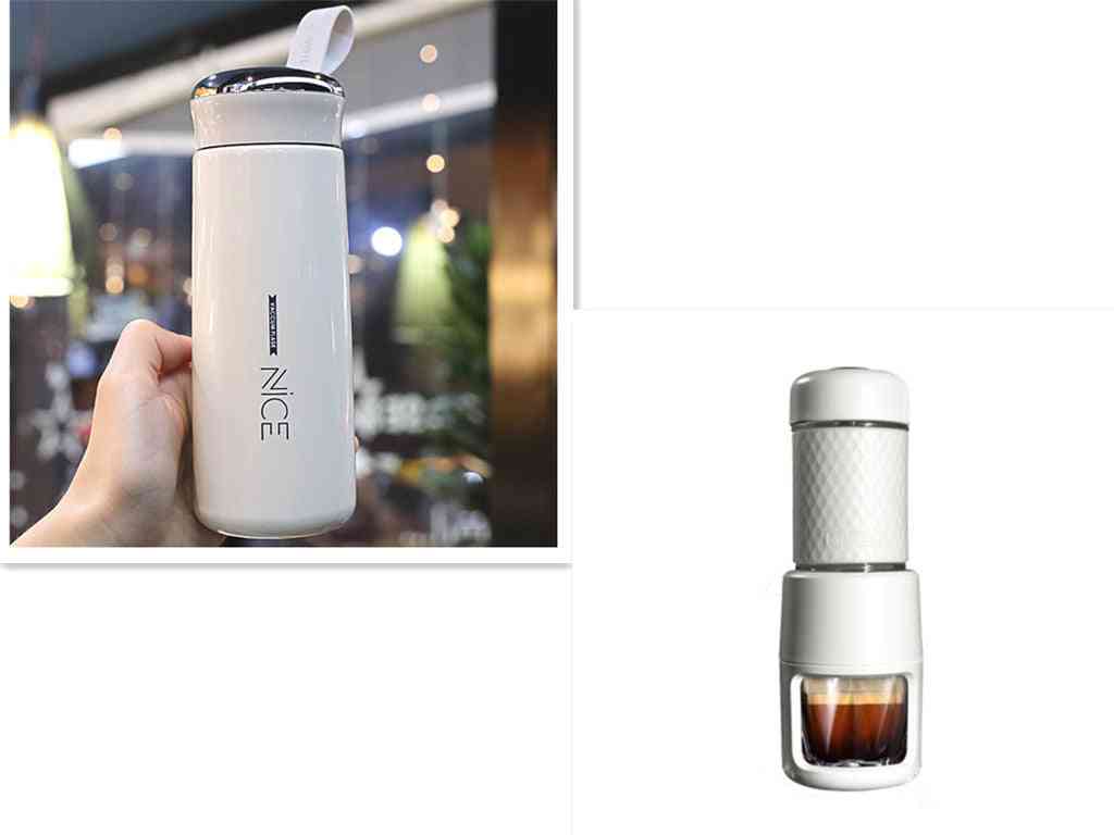 White travel mug beside a white manual espresso coffee machine brewing espresso. Smart kitchen essential for coffee on-the-go.