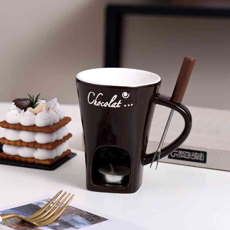 Brown Fondue Mug Set – Personal Mini Chocolate Fondue Pot with tealight and fork, perfect for melting chocolate at home.
