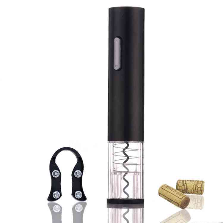Black electric wine opener with foil cutter and corks. Automatic corkscrew bottle opener kit for home bars and smart kitchens.