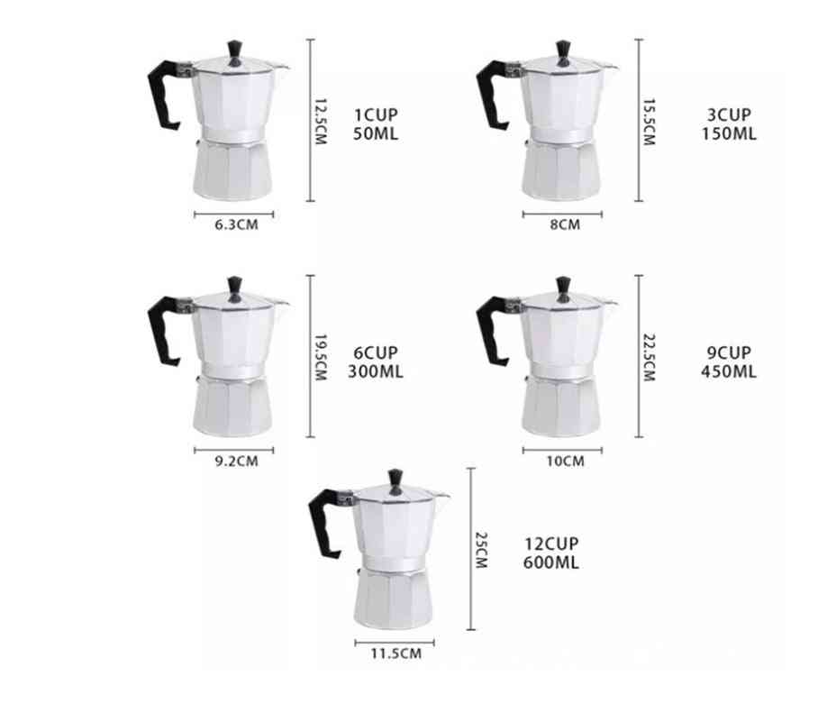 Size chart of Aluminum Mocha Pot – Classic Stovetop Coffee Maker in 1 to 12 cup capacities, perfect for home or travel coffee brewing needs.