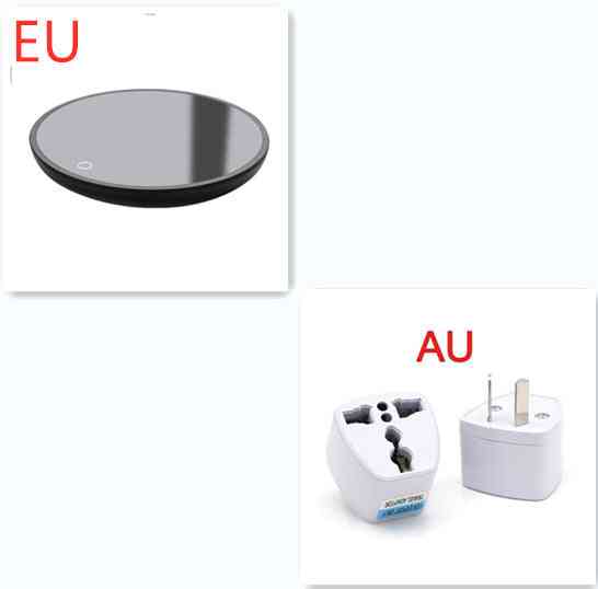 EU and AU plug options for smart coffee mug warmer, suitable for heating beverages like milk tea or coffee in various regions.
