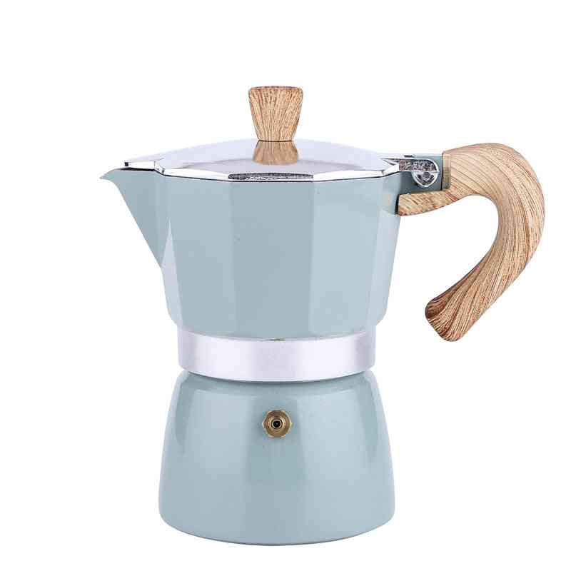 Pastel green Aluminum Mocha Pot – Classic Stovetop Coffee Maker with wood-style handle, stylish kitchen essential for home coffee lovers.