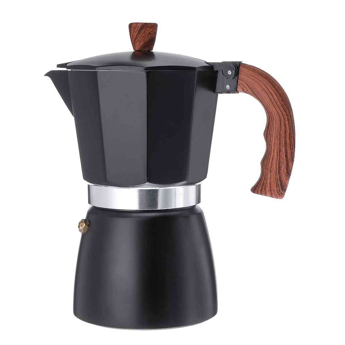 Matte black Aluminum Mocha Pot – Classic Stovetop Coffee Maker with wood-style handle, elegant and durable for rich home coffee brewing.