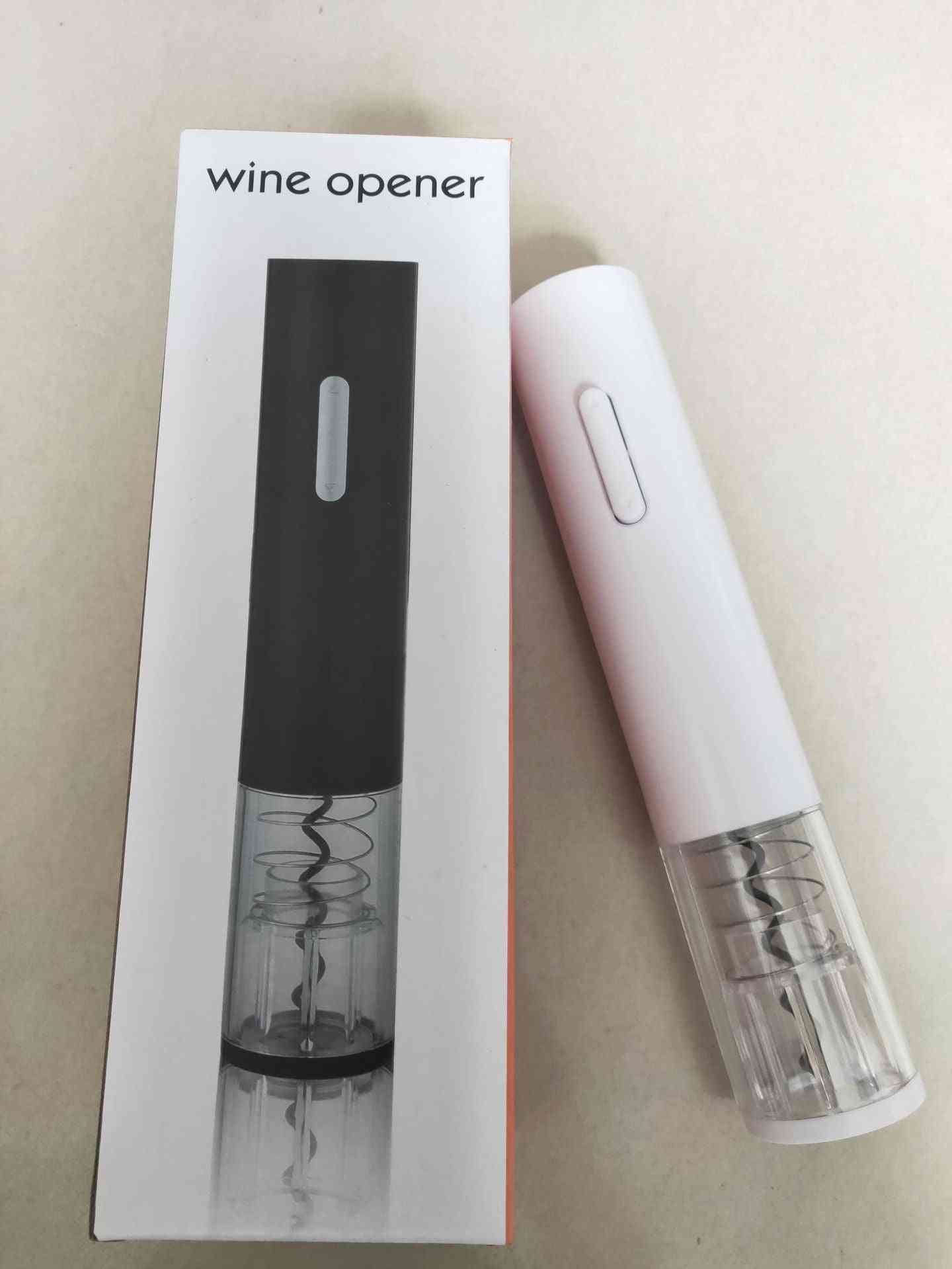 Pink electric wine opener with automatic corkscrew shown beside product packaging. Sleek smart kitchen essential for effortless wine opening.