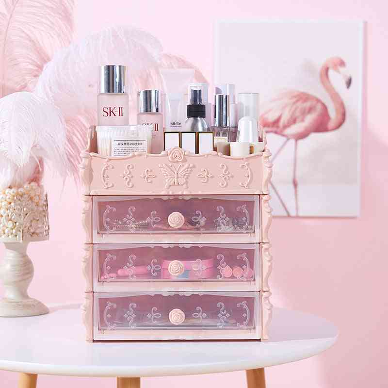 Transparent Makeup Organizer – Clear Cosmetic Storage Box in pink with ornate design, holding skincare and makeup products on a vanity table.