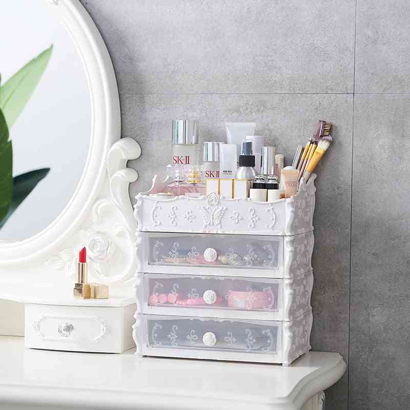 White Transparent Makeup Organizer – Clear Cosmetic Storage Box placed on a vanity, storing brushes, lipsticks, and skincare bottles.