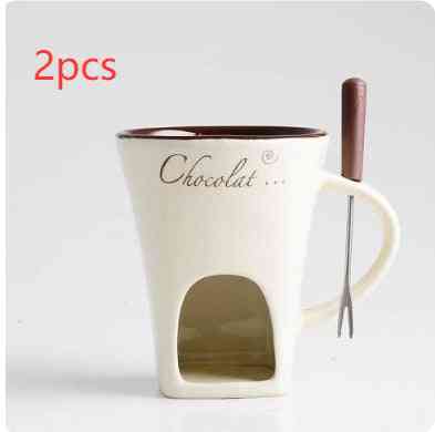 2-piece set of white Fondue Mug Sets – Personal Mini Chocolate Fondue Pots with forks, great for home dessert dipping and chocolate melting.