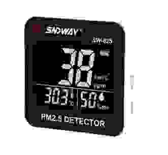 Digital Air Quality Monitor Laser PM2.5 Detector with real-time display showing PM2.5 levels, temperature, and humidity for indoor air diagnostics.