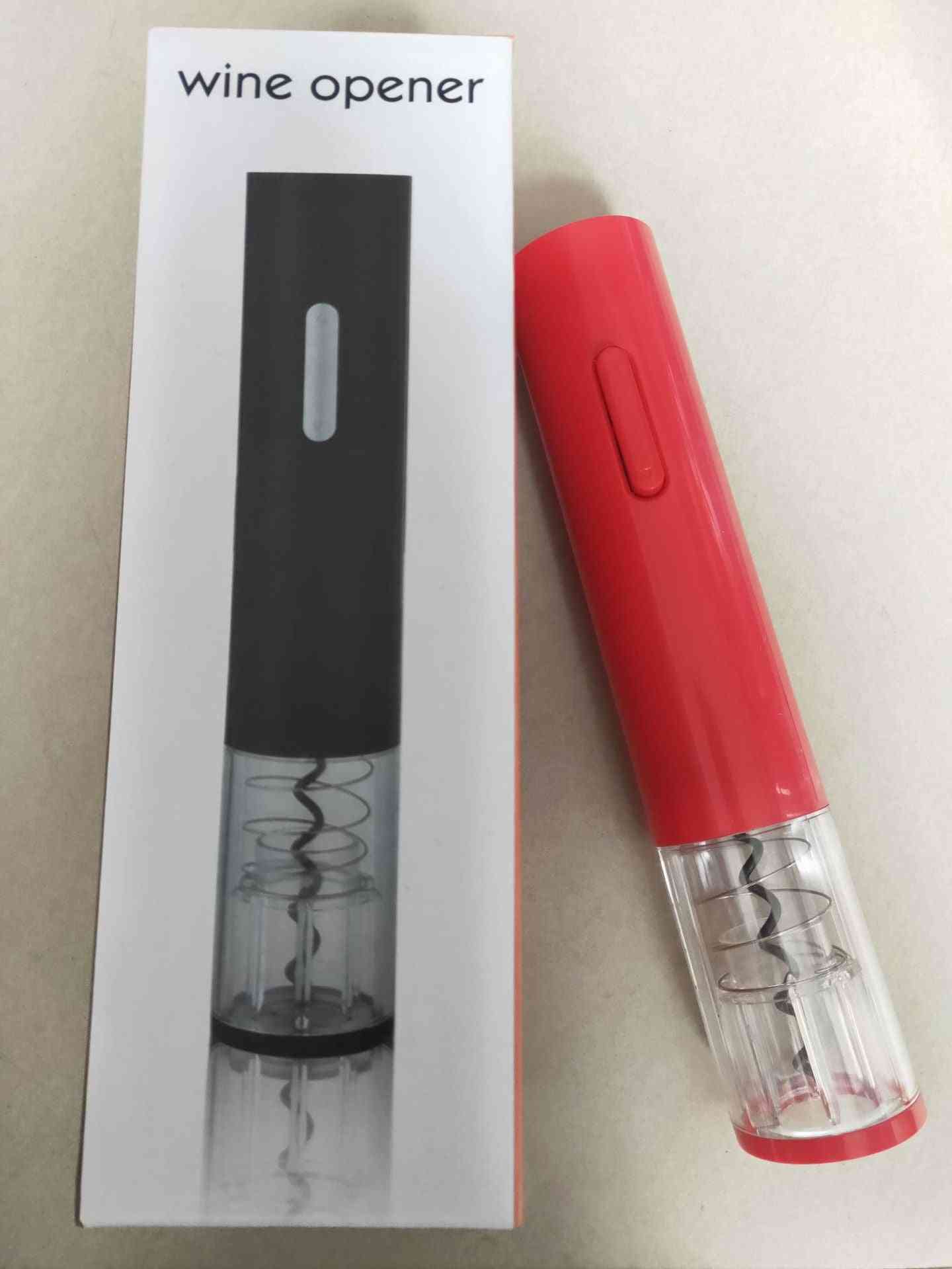 Red electric wine opener displayed with its packaging. Automatic corkscrew design makes it a great gift and kitchen essential.