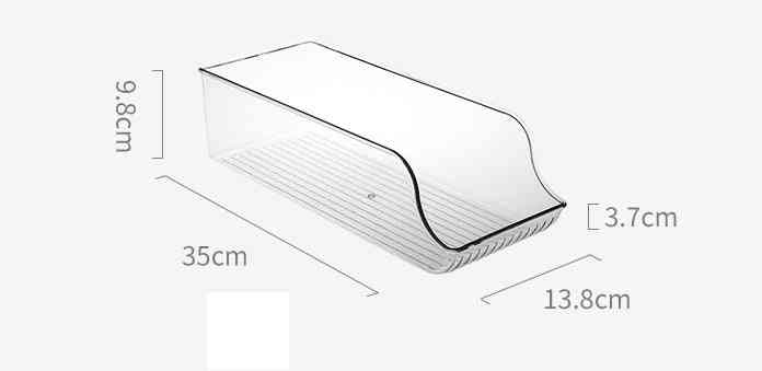 Transparent refrigerator beverage organizer with dimensions 35cm x 13.8cm x 9.8cm, ideal for storing cans in a space-saving design.