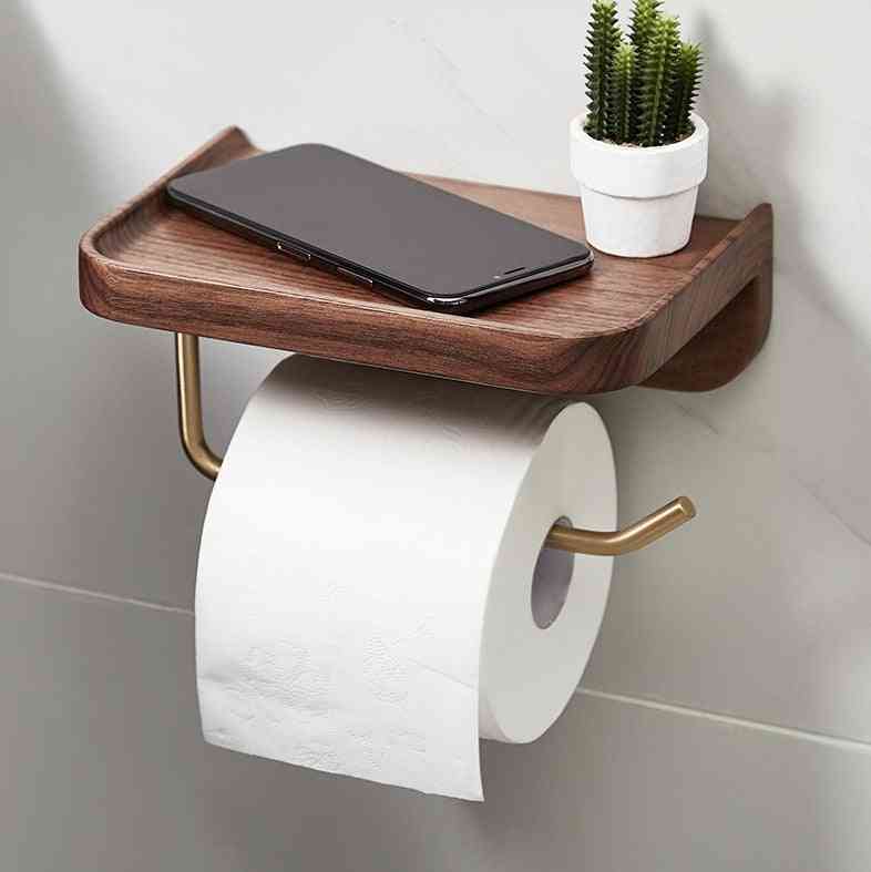 Wood paper towel rack with solid wood shelf and brass holder, wall-mounted for smart kitchen or bathroom organization.
