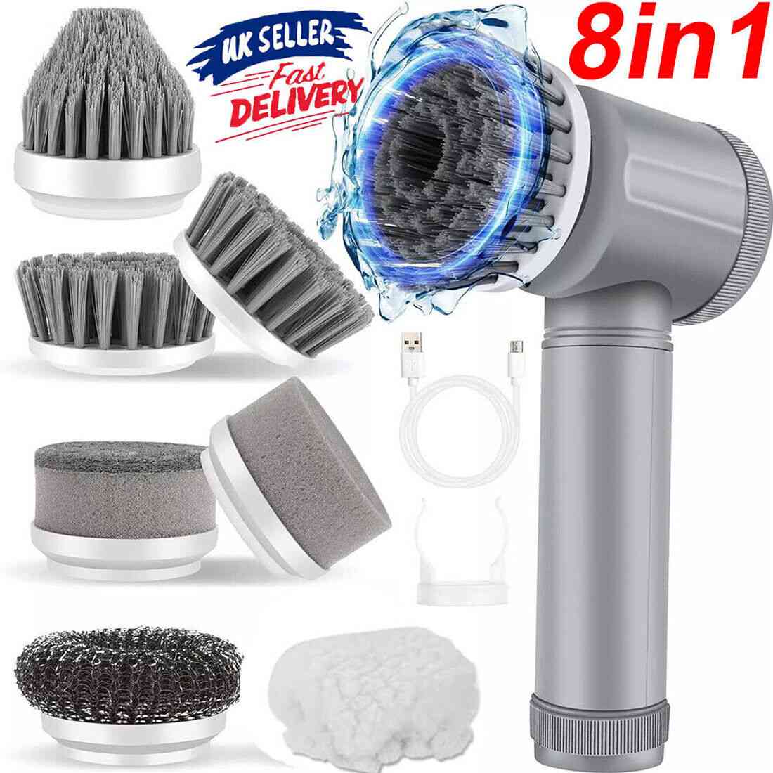 Rechargeable cordless spin scrubber cleaning brush with attachments