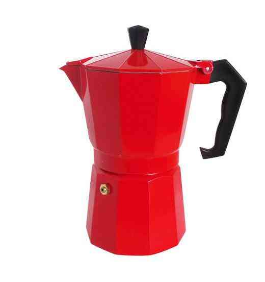 Red Aluminum Mocha Pot – Classic Stovetop Coffee Maker with black handle, vibrant design for brewing strong espresso-style coffee at home.