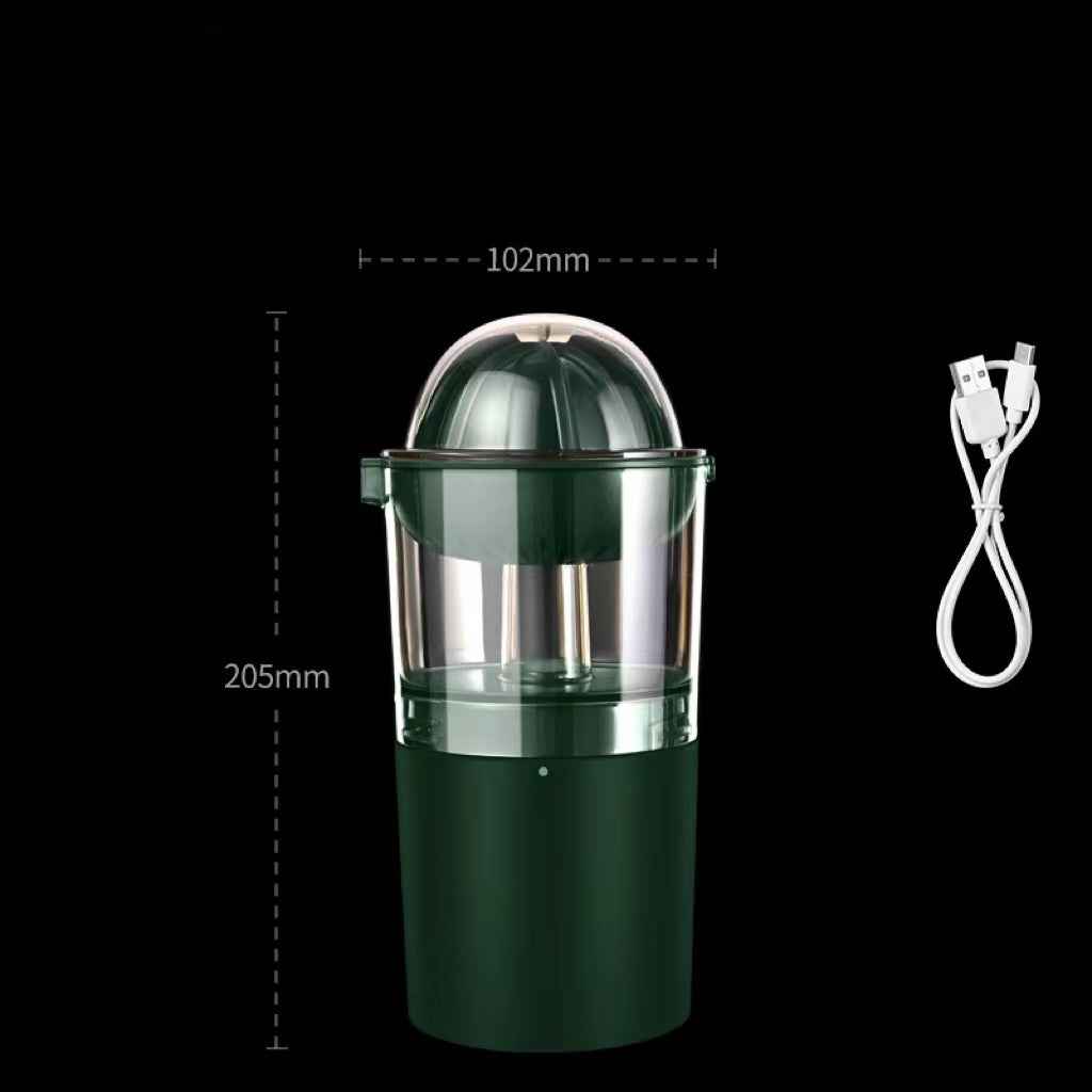 Dark green Portable Blender – Electric Mini Fruit Juicer & Orange Press with USB cable and size dimensions, perfect for compact kitchen storage.