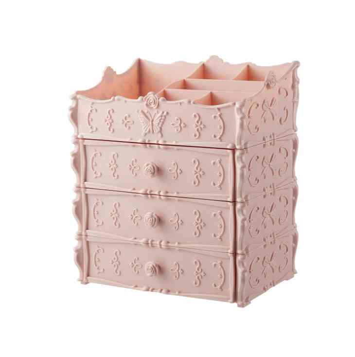 Tall pink Transparent Makeup Organizer – Clear Cosmetic Storage Box with four solid drawers and ornate floral detailing.