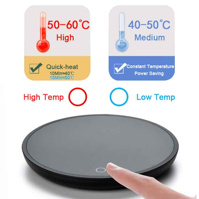 Smart coffee mug warmer with touch control showing high and medium temperature settings for heating drinks like milk tea or coffee.