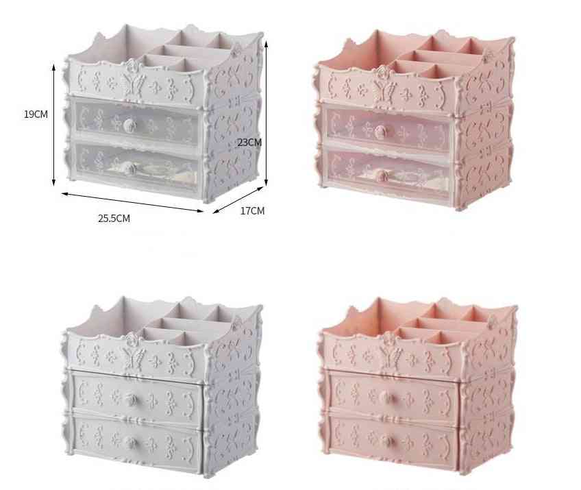 Compact 3-drawer Transparent Makeup Organizer – Clear Cosmetic Storage Box in pink and white with measurements for space-saving storage.