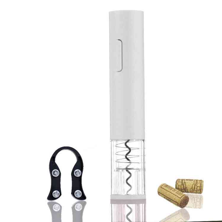 White electric wine opener with foil cutter and corks. Automatic corkscrew kit designed for effortless wine bottle opening.