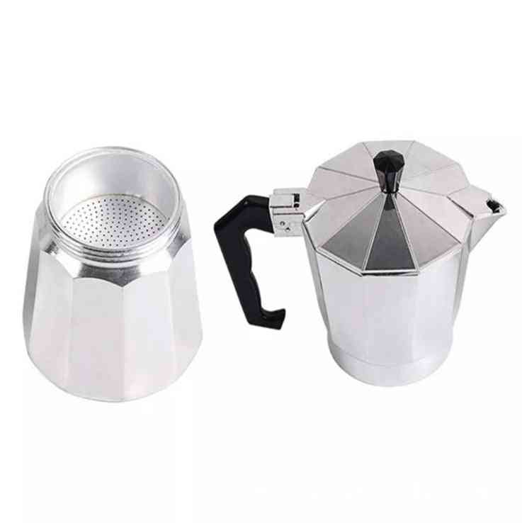 Disassembled Aluminum Mocha Pot – Classic Stovetop Coffee Maker showing filter and base, essential for home espresso-style coffee preparation.
