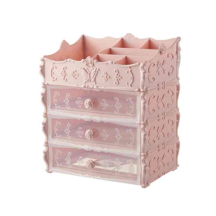 Pink Transparent Makeup Organizer – Clear Cosmetic Storage Box with four clear drawers and decorative floral accents.