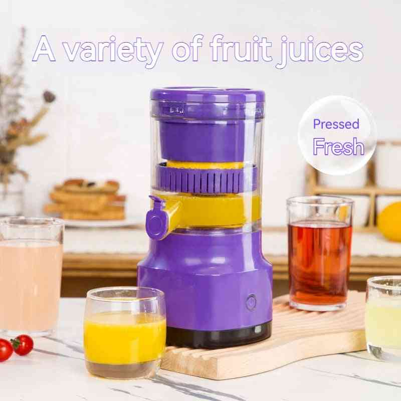 Electric orange juicer – USB lemon squeezer for fresh juice in purple, surrounded by multiple glasses of juice on a kitchen counter.