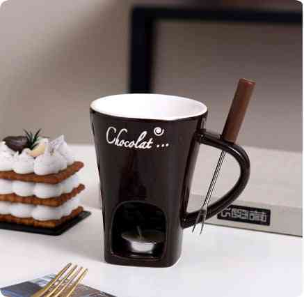 Brown Fondue Mug Set – Personal Mini Chocolate Fondue Pot with tealight and fork, ideal for cozy home chocolate dipping.