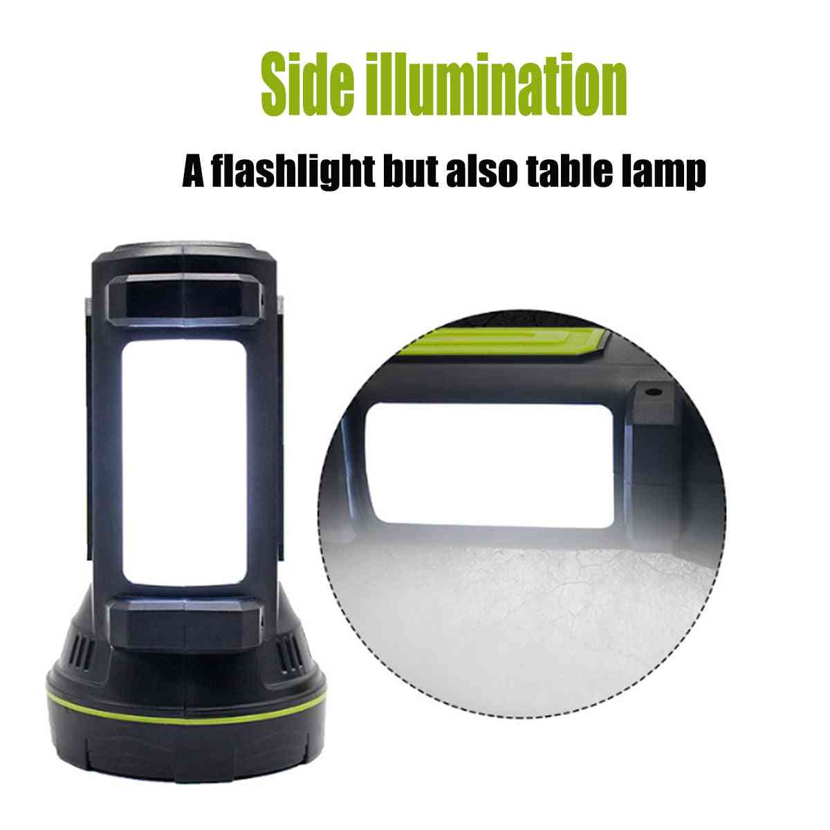 Rechargeable Super Bright LED Flashlight High Lumen Portable Torch with dual LED lights, side panel, and ergonomic handle for camping or emergencies.