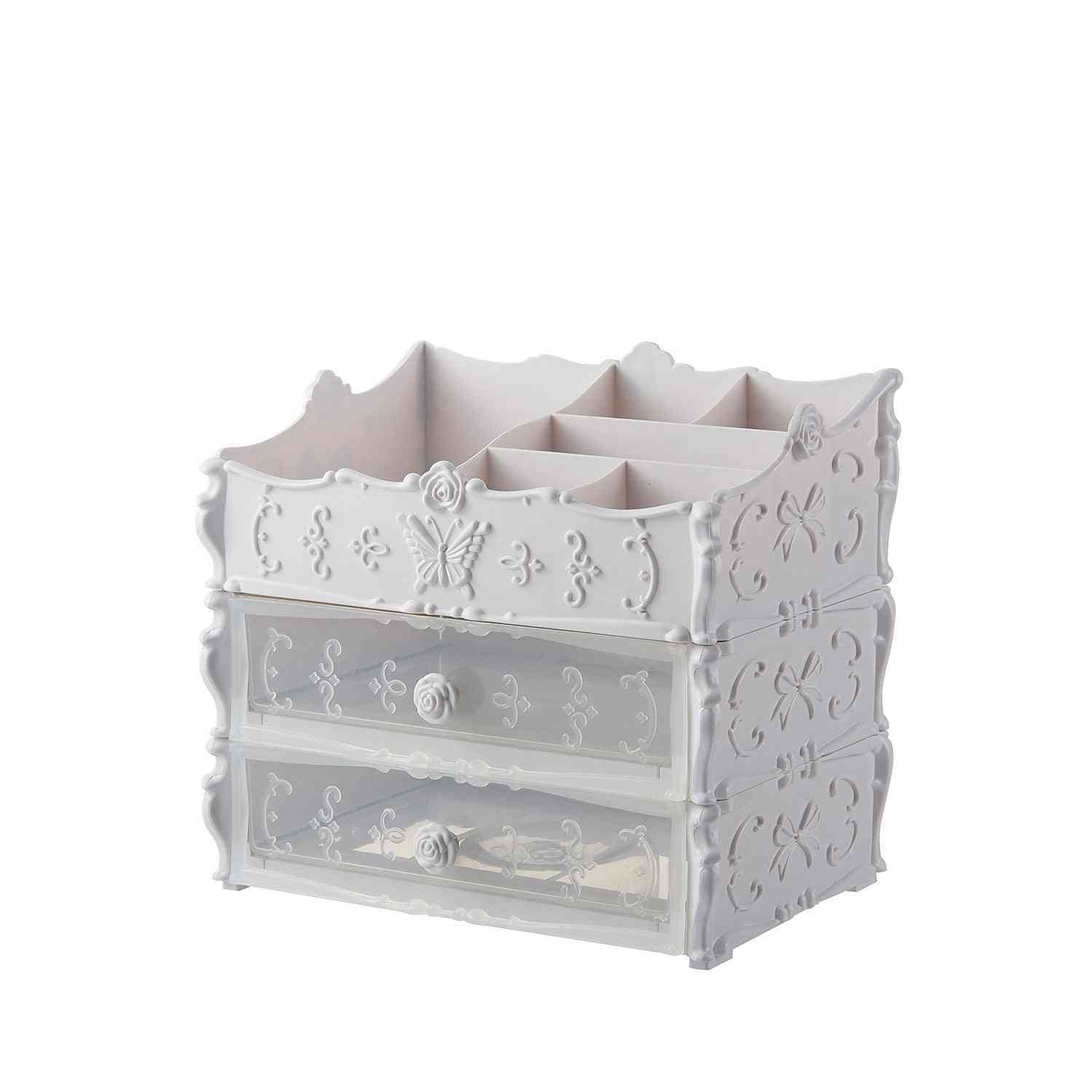 White Transparent Makeup Organizer – Clear Cosmetic Storage Box with two clear drawers and butterfly motif for elegant storage.