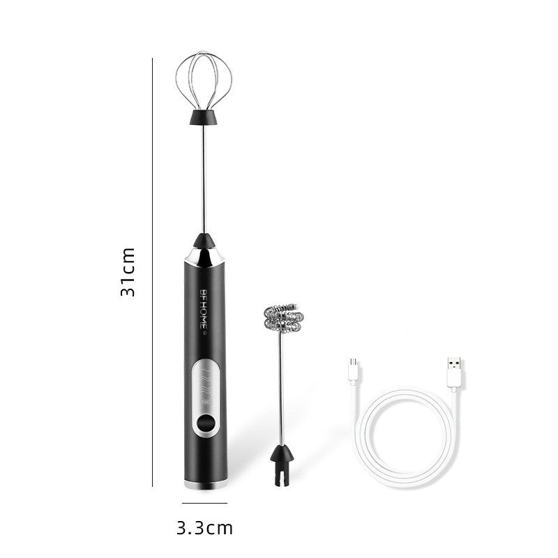 Electric Milk Foam Maker – Portable Coffee Frother for Creamy Foam shown frothing milk in a white jug with a sleek black and silver design. Ideal for lattes, cappuccinos, and hot chocolate preparation.