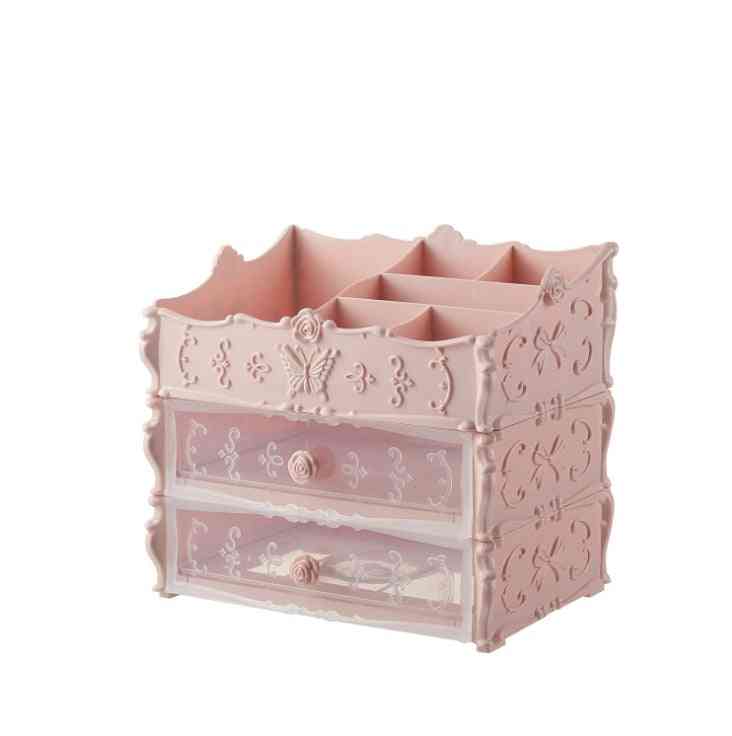 Compact pink Transparent Makeup Organizer – Clear Cosmetic Storage Box with two clear drawers and top compartments for cosmetics.