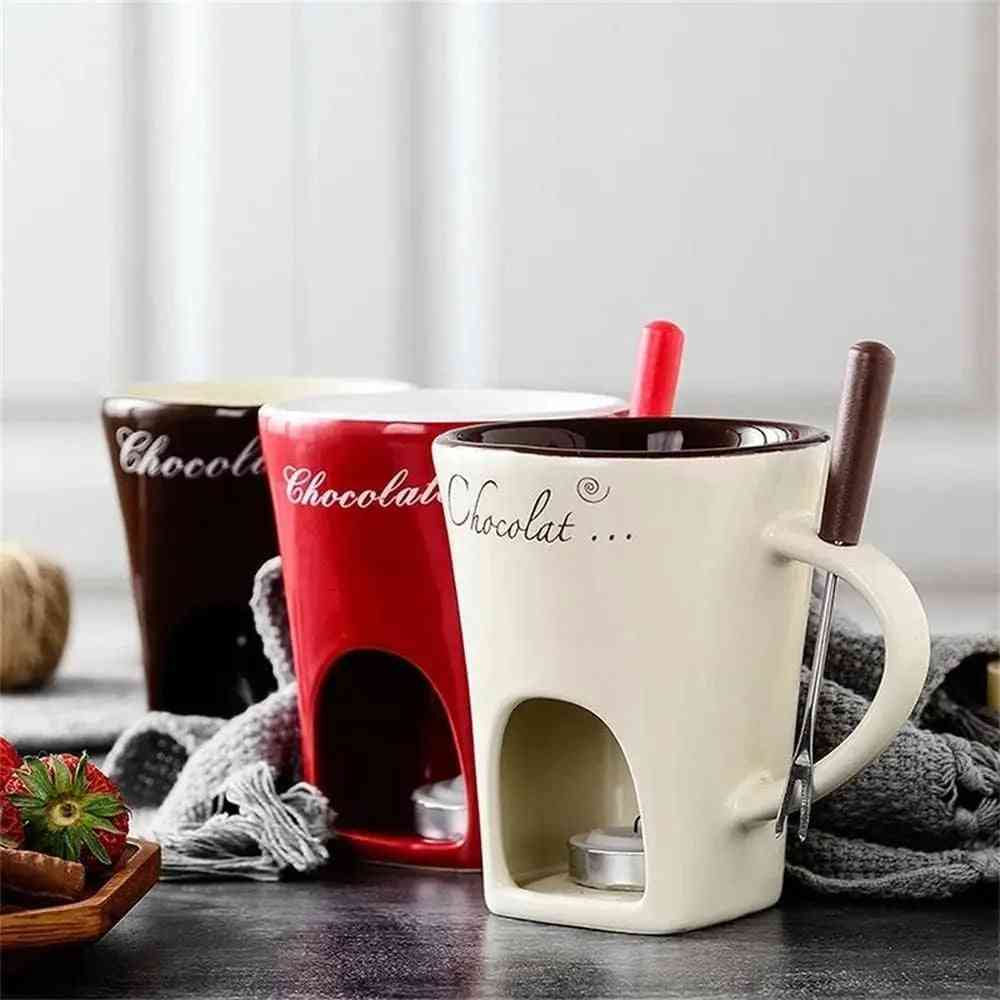 Fondue Mug Set – Personal Mini Chocolate Fondue Pot trio in assorted colors with tealight holders and forks, great for home entertaining.