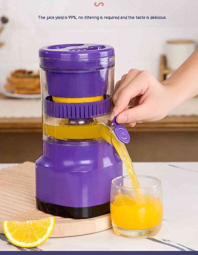 Electric orange juicer dispensing fresh juice into a glass, demonstrating high juice yield and no-filter extraction efficiency.