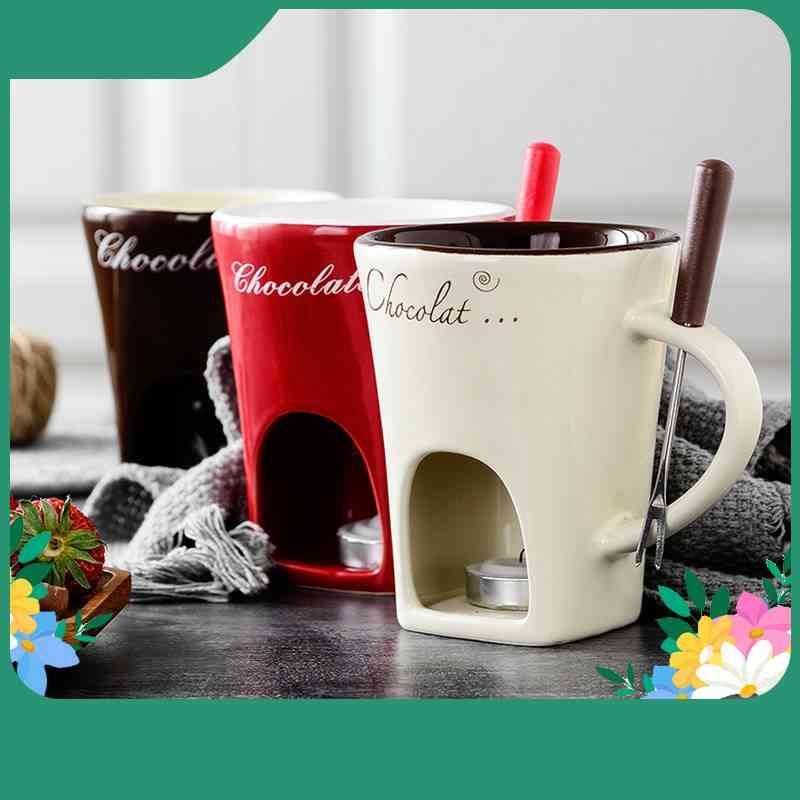 Set of three Fondue Mug Sets – Personal Mini Chocolate Fondue Pots in red, white, and brown, ideal for home dessert dipping and chocolate melting.