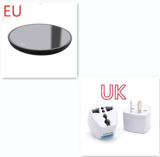 EU and UK plug adapters for coffee mug warmer, ensuring compatibility for heating drinks in different international outlets.