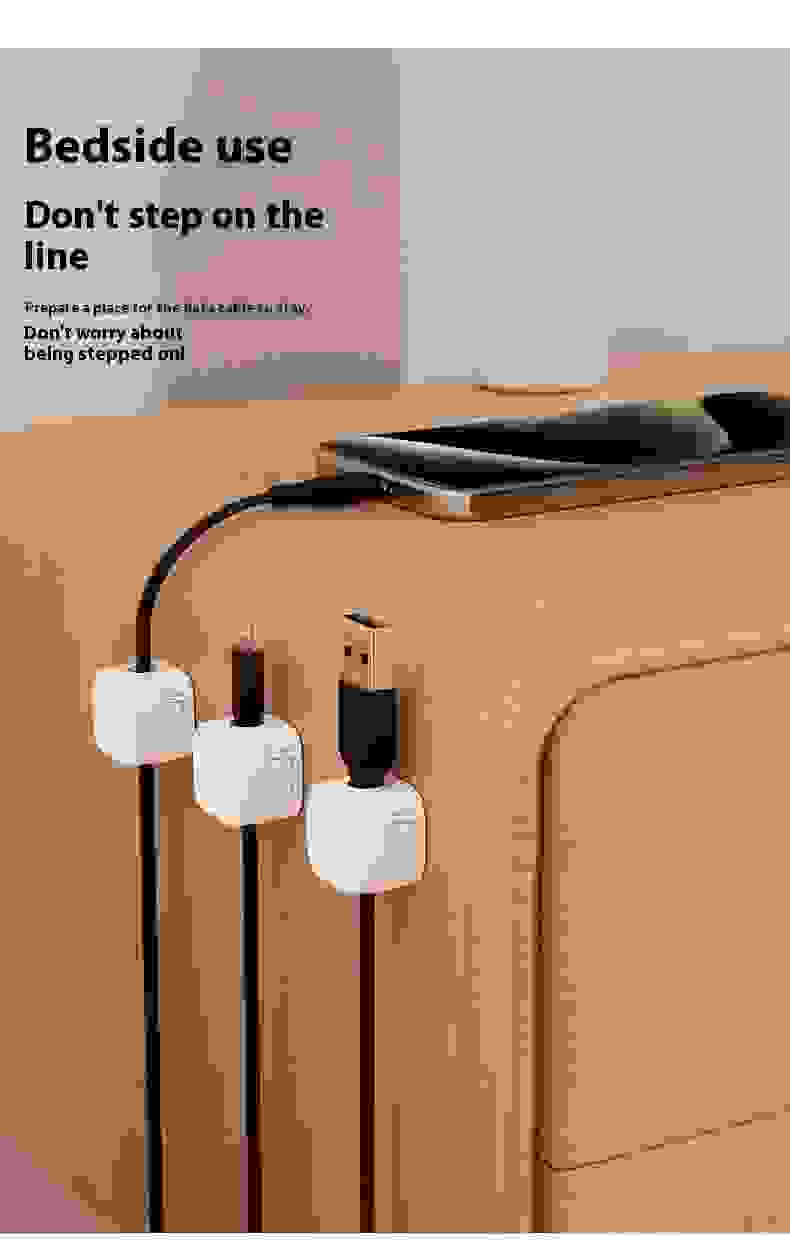 Magnetic Cable Clip – Under Desk Cable Management Organizer shown holding USB, Lightning, and Type-C cables securely in sleek black holders.