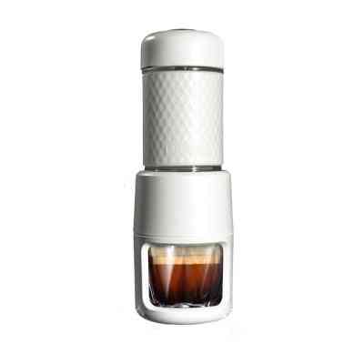 White manual espresso coffee machine brewing espresso. Sleek and portable for travel and smart kitchen convenience.