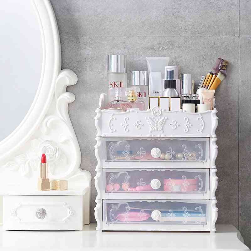 White Transparent Makeup Organizer – Clear Cosmetic Storage Box with four drawers, storing beauty tools and cosmetics on a bathroom vanity.