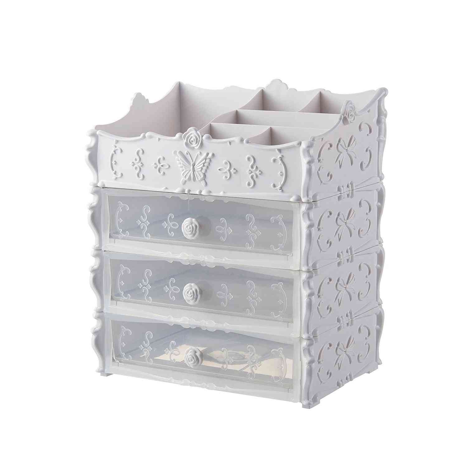 White Transparent Makeup Organizer – Clear Cosmetic Storage Box with four clear drawers and ornate floral design for beauty storage.