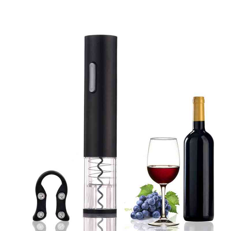 Electric wine opener with automatic corkscrew and foil cutter next to wine bottle, glass, and grapes. Ideal for smart kitchen essentials and gifting.