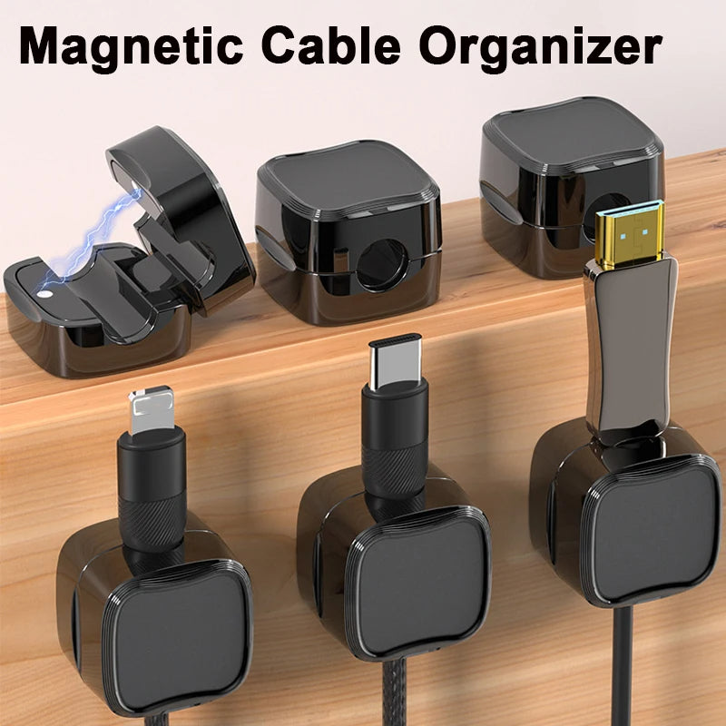Magnetic Cable Clip – Under Desk Cable Management Organizer shown holding USB, Lightning, and Type-C cables securely in sleek black holders.