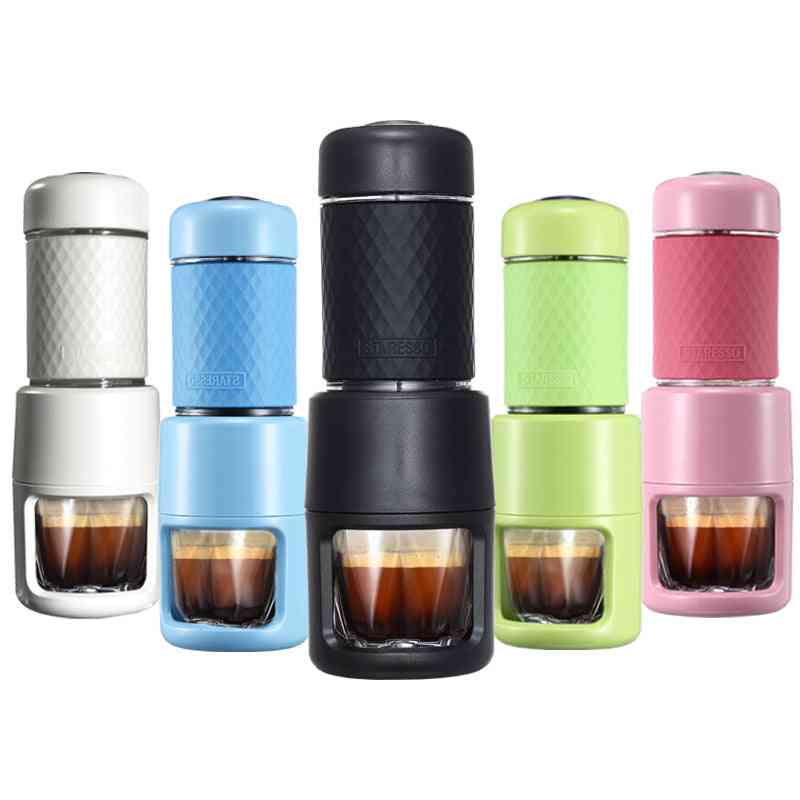 Colorful lineup of manual espresso coffee machines in white, blue, black, green, and pink. Portable design for on-the-go brewing.