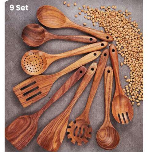 Teak kitchen spoon and ladle set natural wood finish