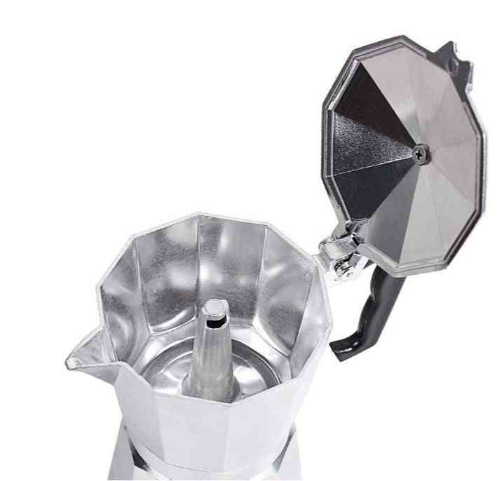 Interior view of Aluminum Mocha Pot – Classic Stovetop Coffee Maker with open lid, showcasing durable aluminum build for daily coffee brewing.