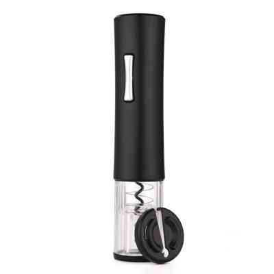 Black electric wine opener with foil cutter placed at the base. Automatic corkscrew ideal for smart kitchen and wine enthusiasts.