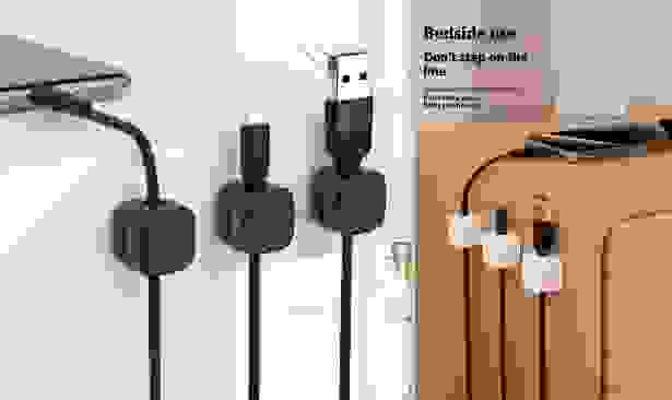 Magnetic Cable Clip – Under Desk Cable Management Organizer shown holding USB, Lightning, and Type-C cables securely in sleek black holders.