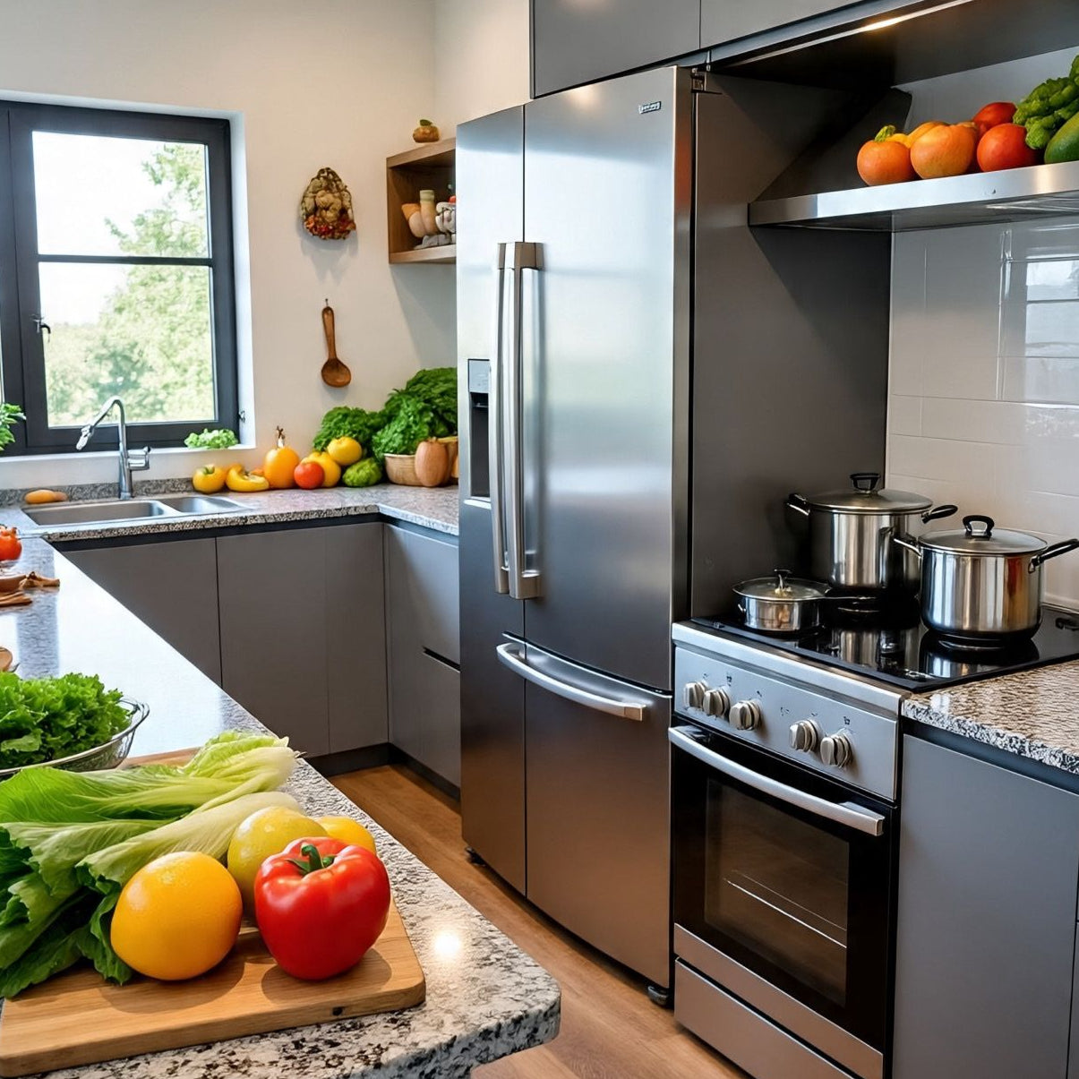 Modern kitchen with stainless steel appliances, countertops, and various fruits and vegetable