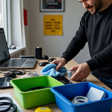 Person cleaning electronic components on a desk with tools and containers.