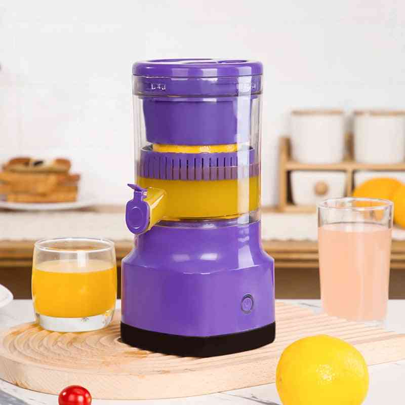 Purple electric orange juicer and USB lemon squeezer with fresh juice glasses, perfect for quick and healthy juice preparation.