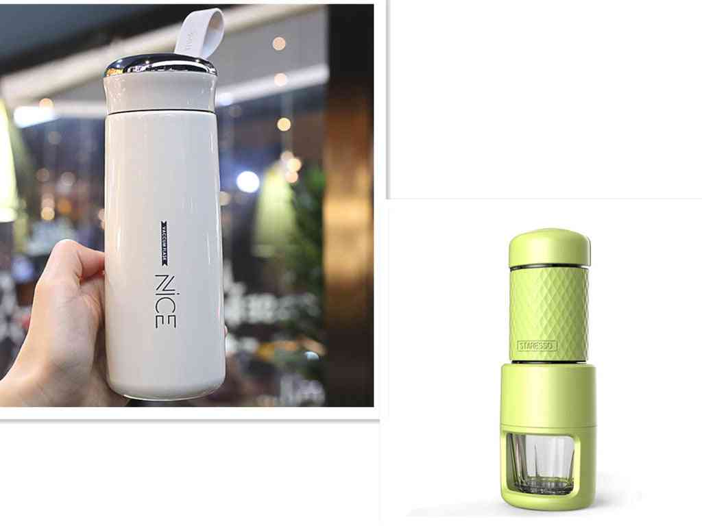 White travel mug paired with a green manual espresso coffee machine. Stylish and portable for convenient espresso brewing.
